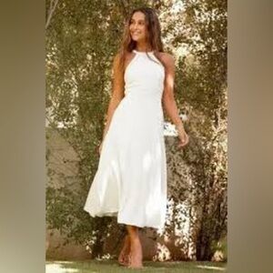 Lulus White Summer adream Halter Midi Dress Sm Elegant Open Back Tie Waist NWT